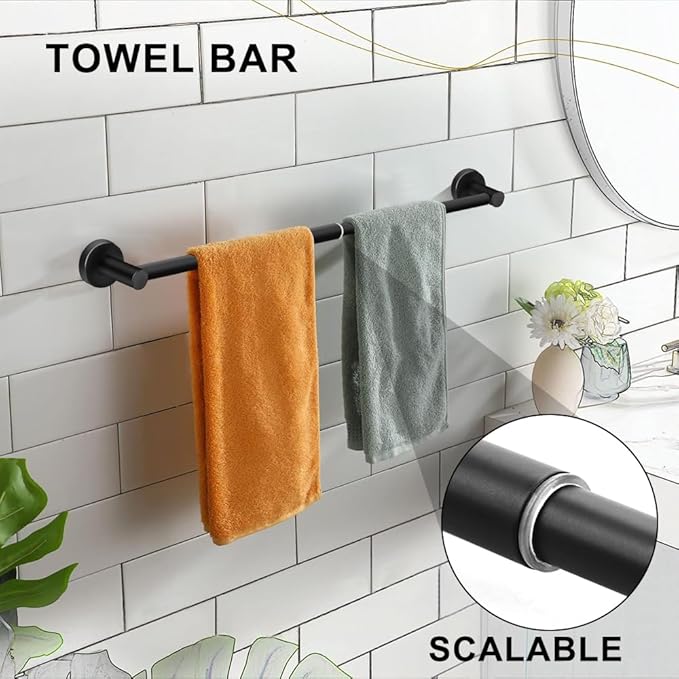 MGahyi 5 Pieces Bathroom Accessories Set, Stainless Bathroom Hardware Set, Extendable Towel Racks for Bathroom(12.8-24.8inch), Robe Towel Hooks Toilet Paper Holder Towel Ring (Black)