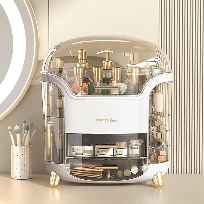 Portable Light Luxury Series Multi-Function Make Up Organizer,Dust Water Proof with Drawer and Lid, Large Capacity for Bathroom, Dresser,Countertop,Bedroom, Green and White (White)