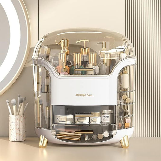 Portable Light Luxury Series Multi-Function Make Up Organizer,Dust Water Proof with Drawer and Lid, Large Capacity for Bathroom, Dresser,Countertop,Bedroom, Green and White (White)