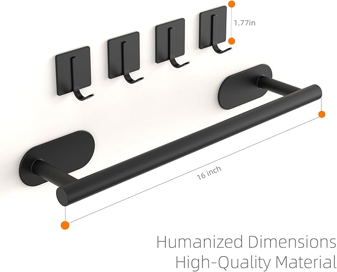 Batur 5 Pack Towel Holder, Towel Racks for Bathroom Self Adhesive, 16" Towel Bar with 4 Pack Towel Hooks, Premium Hand Towel Holder, Heavy Duty Towel Hanger Shower Rack Wall Mounted, Black