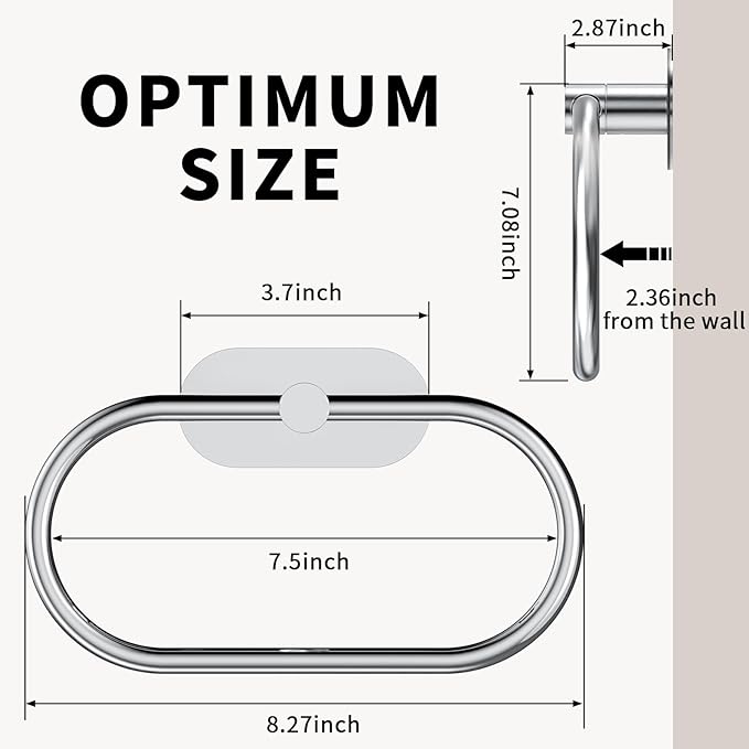 Adhesive Towel Holder for Bathroom Polished Chrome No Drill Hand Towel Ring Stainless Steel and Zinc Alloy Self Adhesive Towel Hanger for Bath, Kitchen