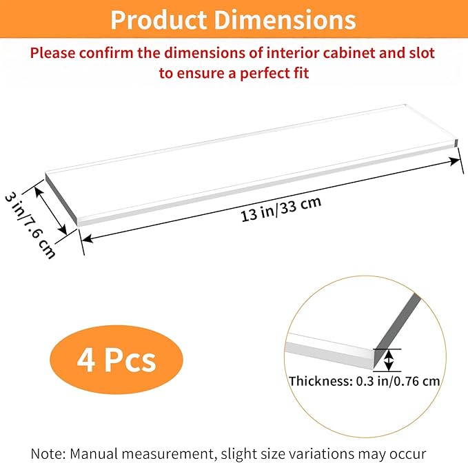 4 Pcs Medicine Cabinet Replacement Shelves, 13''L x 3''W Acrylic Medicine Cabinet Shelving Boards for Bathroom, Kitchen, Living Room