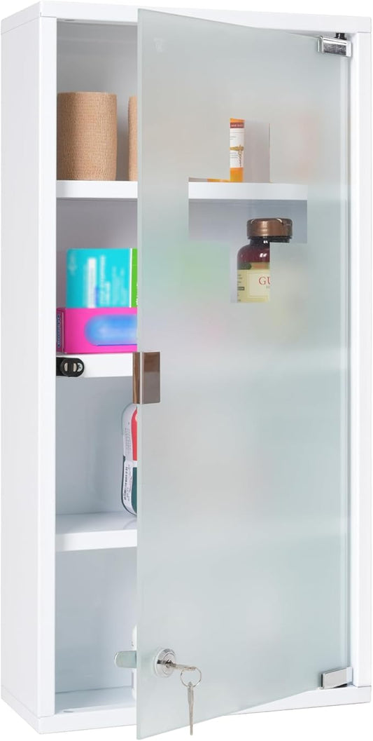 Locking Medicine Cabinet, 11.8" W x 23.6" H x 4.7" D - Wall Mount Metal Medicine Cabinet with Lock, White Medical Cabinet, Frosted Glass Door with Keys and First Aid Cross Sign, 4 Shelves