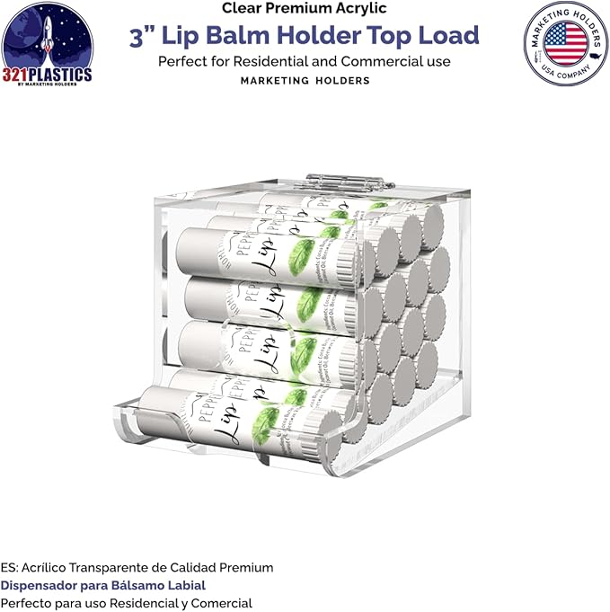 Marketing Holders Clear Acrylic Lip Balm Dispenser Retail or Home Freestanding Countertop Display with Hinged Lid for Lipsticks Glosses Chapsticks or Essential Oils