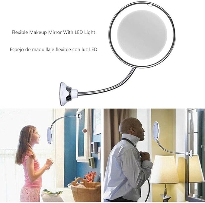 Makeup Mirror with LED Light and Suction Cup 360 Degree Swivel Flexible Gooseneck 10X Magnifying Mirror Travel and Home Bathroom Vanity Mirror (White)