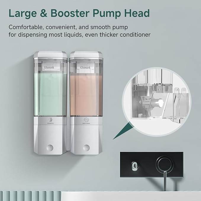 Shampoo and Conditioner Dispenser 2 Chamber No Drill Shower Soap Dispenser Wall Mounted Shampoo Conditioner Body Wash Dispenser 2 * 500ml Refillable Shower Dispenser for Bathroom Hotel, Silver