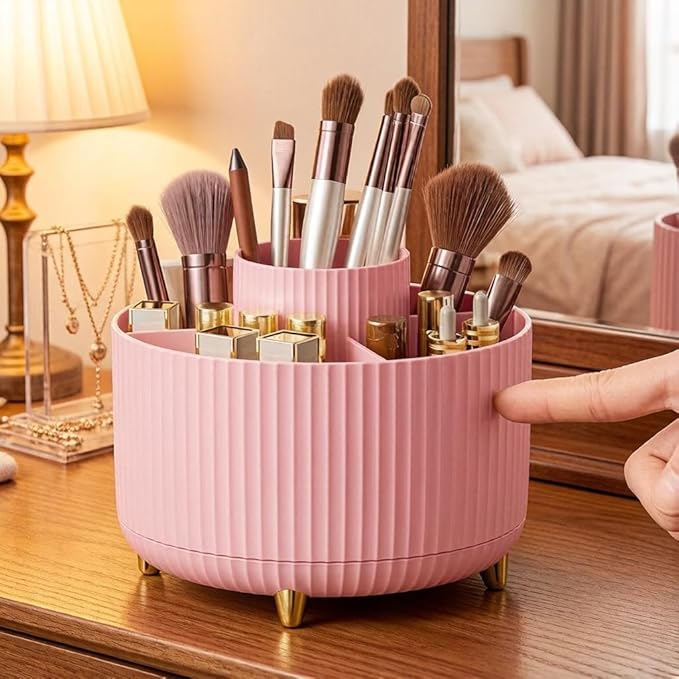 Makeup Brush Holder,360° Rotating Makeup Brush Organizer,5 Slot Make up Brushes Cup for Cosmetics,Large Capacity,For Nail Polish, Art Supply, Bathroom Vanity,Cosmetics Organizer,Pink