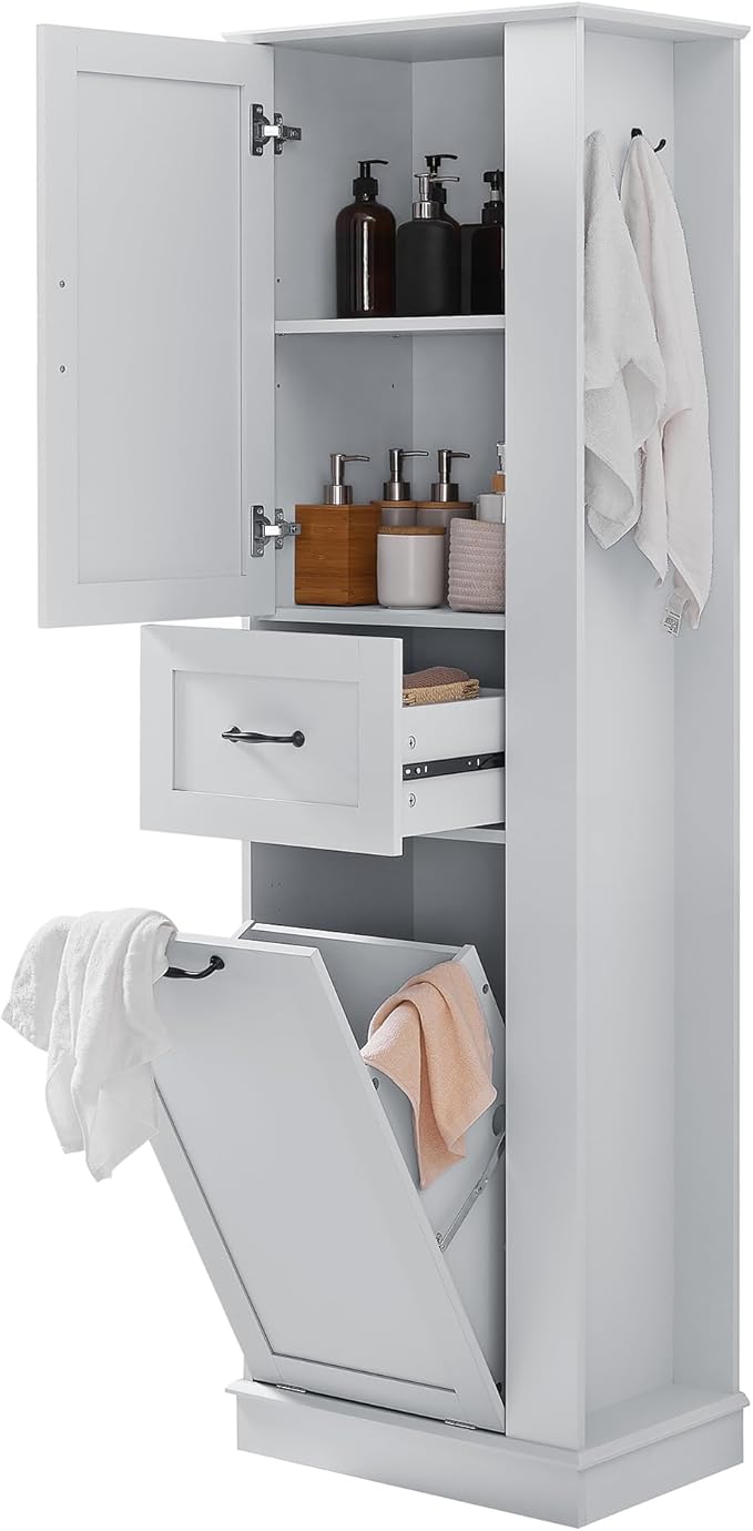 Virubi Tall Laundry Cabinet with Tilt Out Hamper, Wood Bathroom Storage Cabinet with Door, Drawer and Adjustable Shelves Freestanding, Grey