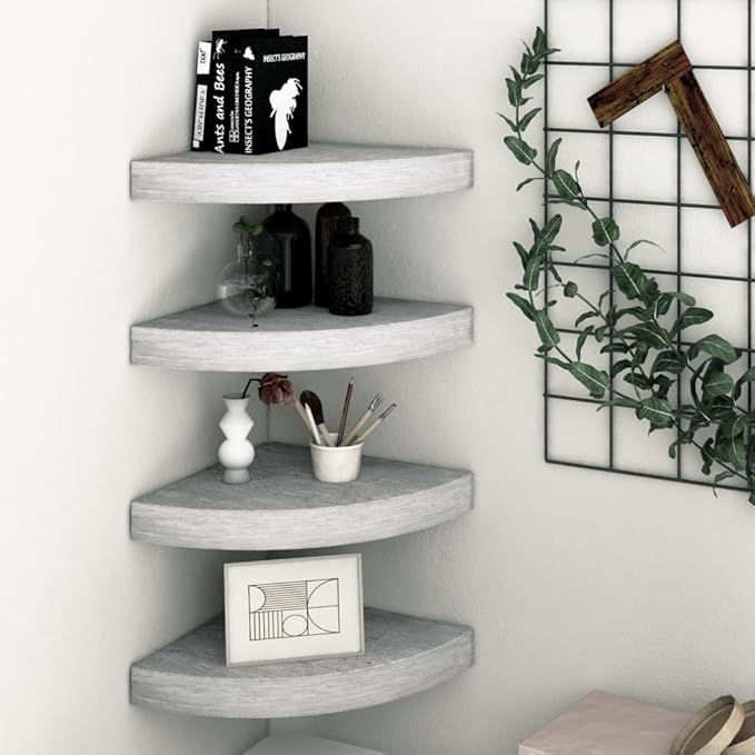 Corner Floating Shelves Set of 4 Concrete Gray 13.7"x13.7" Wall Mounted Storage Shelves with Metal Bracket for Bathroom Bedroom Living Room Home Decor