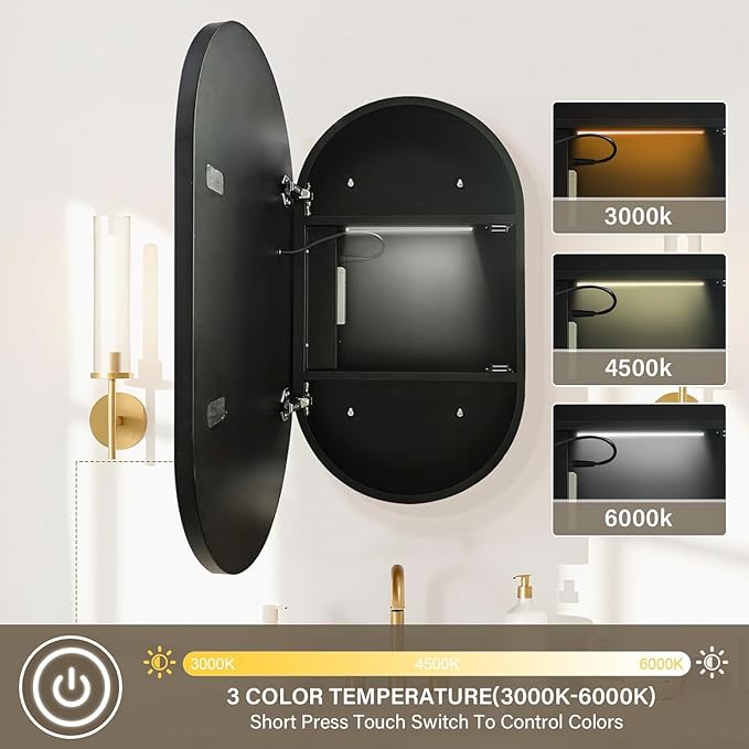 Oval Medicine Cabinet with Light,LED Mirror Cabinet,USB Shaver Socket,Internal Light,Steel with Powder Coating,Soft Closing Hinge,16×28inch