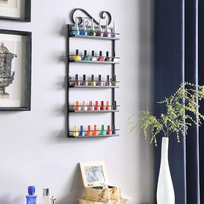 DAZONE DIY Metal Nail Polish Mountable 5 Tier Organizer Nail Polish Wall Rack Organizer Holds 50 Bottles Nail Polish (Black)