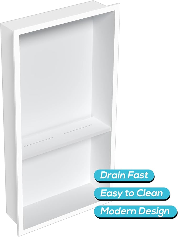 Neodrain White Shower Niche Insert Tile Ready, Stainless Steel Wall Niche 25.1"X13.1"(Inner Size 24"X12"), Two-Tier Bathroom recessed Shower Cabinet, NO Tile Needed for Shower wall