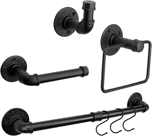 4-Pieces Industrial Pipe Bathroom Towel Ring Kit DIY Wall Mount Accessories Kit Includes Robe Hook Towel Bar and Towel Ring (16 inch)