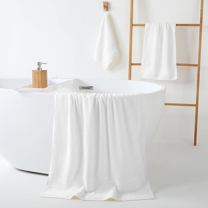 REDKISS 8 Piece White Towels Set - 100% Cotton Towels Set with 2 Large Bath Towels, 2 Hand, 4 Washcloths, 600 GSM Highly Absorbent Bath Towel Sets, White Quick Dry Shower Towel for Family Dorm Gym