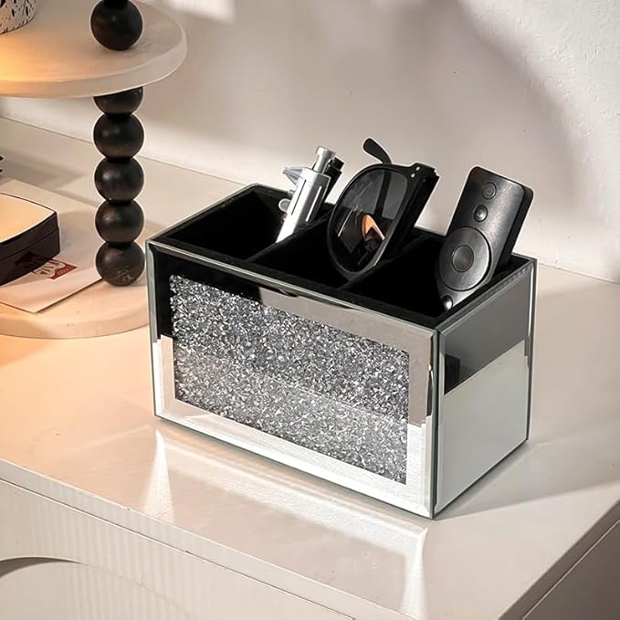 Luxury Rhinestone Mirror Makeup Brush Storage Holder - Elegant Organizer for Brushes, Eyeliners, and Cosmetics - Multi-Functional Makeup Caddy with Plush Interior (Silver)