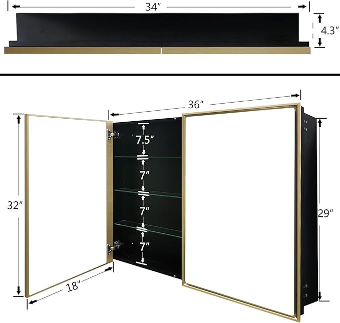 Medicine Cabinet with Aluminum Framed Mirror,36"x32" Surface Mount or Recessed Mount Bathroom Vanity Mirror,Single Door Bathroom Mirror with Storage Cabinet