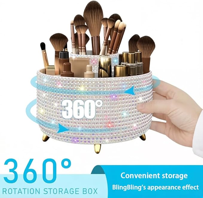 Bling Makeup Brush Holder,360° Rotating Makeup Brush Organizer,5 Slot Make up Brushes Cup for Cosmetics,Large Capacity,For Nail Polish, Art Supply, Bathroom Vanity,Cosmetics Organizer,Diamond White