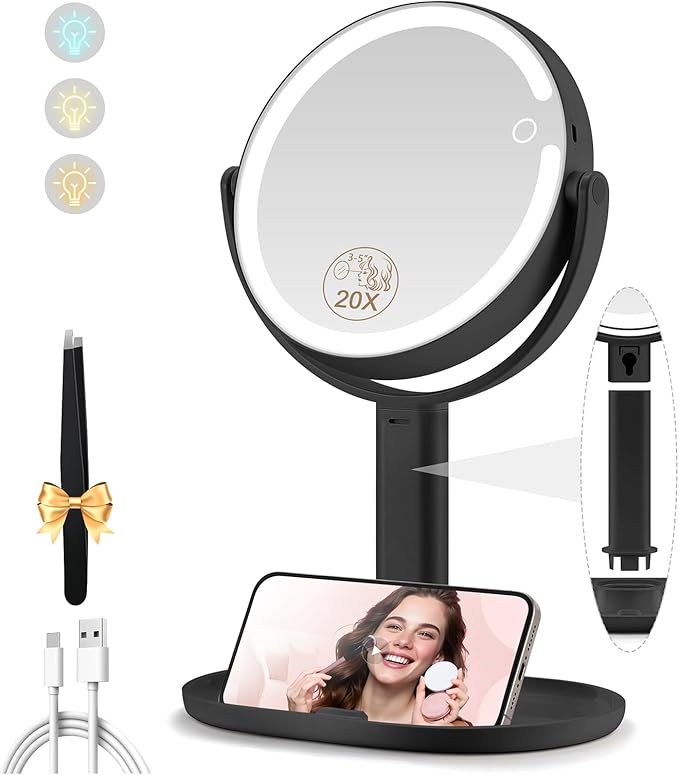 MOMOKUBA Makeup Mirror with Lights, Double Sided 1x/20x Magnifying Mirror with Light, Rechargeable 3 Color Lights and Adjustable Brightness, 360° Rotation Detachable Comes with Tweezer(Black)