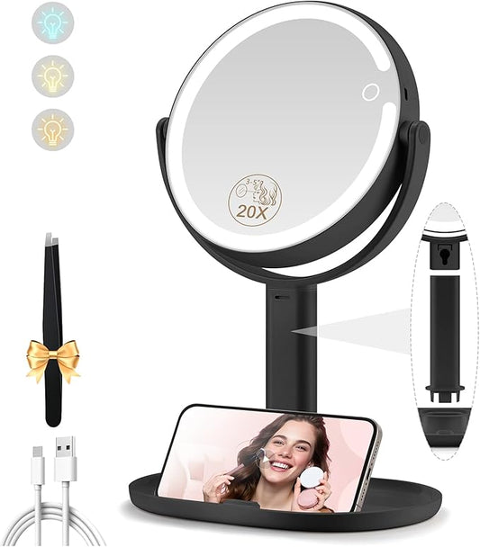 MOMOKUBA Makeup Mirror with Lights, Double Sided 1x/20x Magnifying Mirror with Light, Rechargeable 3 Color Lights and Adjustable Brightness, 360° Rotation Detachable Comes with Tweezer(Black)