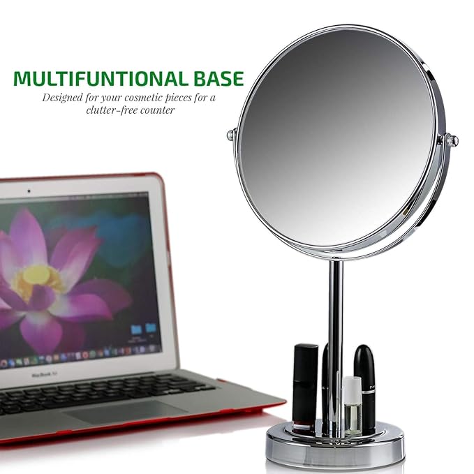 OVENTE 8" Tabletop Makeup Mirror with 1X/7X Magnification, 360° Swivel Design and Double-Sided Free-Standing Vanity Mirror Perfect for Bathroom, Bedroom, Office & Travel, Polished Chrome MNLMT80CH1X7X