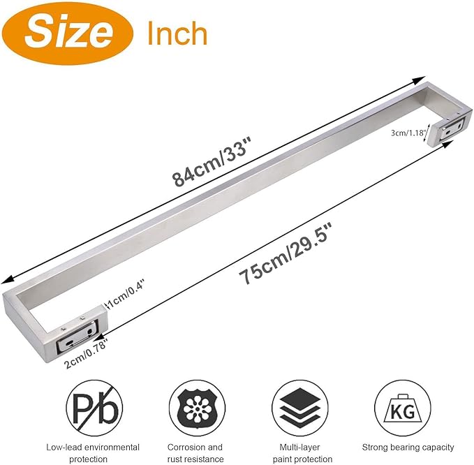 TocTen Bath Towel Rack - Square Base Thicken SUS304 Stainless Steel Towel Bar for Bathroom, Bathroom Bar Accessories Towel Rod Heavy Duty Wall Mounted Towel Holder (Brushed Nickel, 33 Inch)