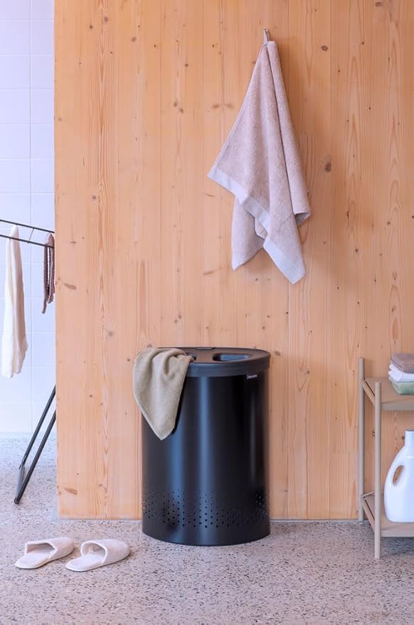 Brabantia Selector Laundry Basket with Lid | 14.5 Gal - 2 Compartment Washing Basket with Quick‑Drop Lids & Removable Cotton Bag | Matt Black