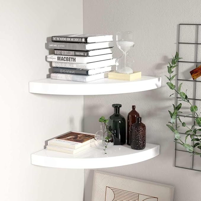 Floating Corner Shelves 2 Pack High Gloss White Wall Mounted Display Shelves 13.8x13.8 Inches MDF Modern Home Decor for Living Room Bathroom