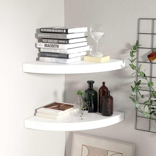 Floating Corner Shelves 2 Pack High Gloss White Wall Mounted Display Shelves 13.8x13.8 Inches MDF Modern Home Decor for Living Room Bathroom
