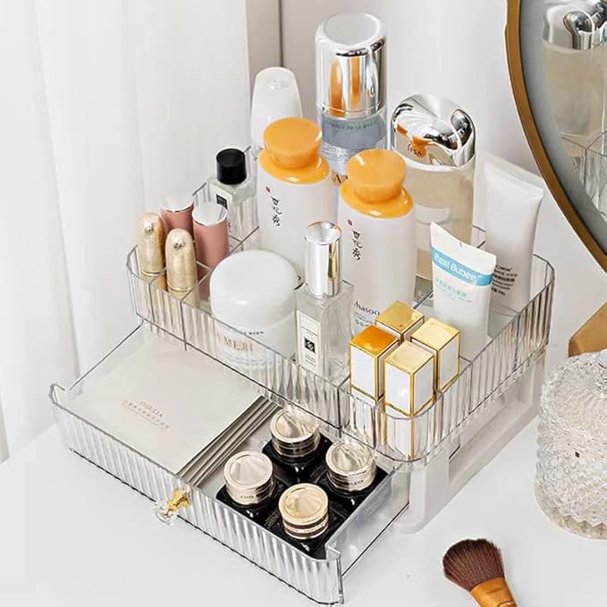 No band Makeup Organizer Cosmetic Storage Organizer for bathroom Vanity Countertop,Cosmetic Display Box Case with Drawers and Cover Waterproof Dust-proof (pink1)