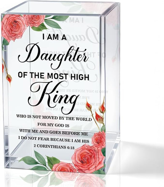 I Am A Daughter of The Most High King Acrylic Pencil Holder Cup, Bible Verse Inspirational Pen Holder for Home Desk, 2 Corinthians 6:18 Christian Gifts for Women Girls, Makeup Brushes Organizer