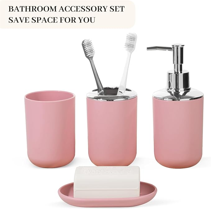 Bathroom Accessory Set, 4 Pcs Plastic Bathroom Set Include Soap Dispenser, Soap Dish, Toothbrush Holder, Mousewash Cup, Modern Bahtroom D??cor Set, Space Save for Bathroom(Light Pink)