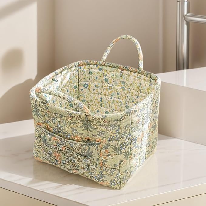 Quilted Fabric Storage Basket Boho Floral Laundry Hamper with Handle Foldable Floral Basket Organizer for Car Bedroom