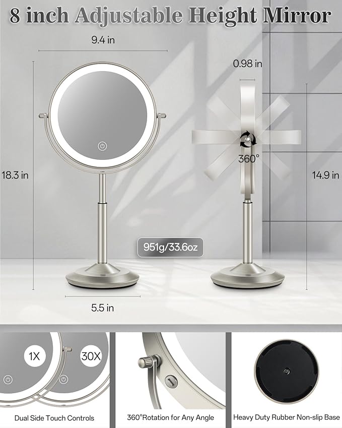 vpu Makeup Mirror with Lights, 1X/30X Lighted Magnifying Mirror Height Adjustable, 3000mAh Rechargeable Double Sided Vanity Mirrors with 3 LED Lighting and Adjustable Brightness for Desk Women Gift