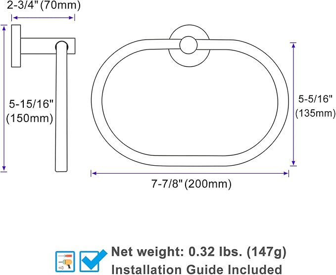Angle Simple Towel Ring for Bathroom, SUS304 Stainless Steel Swivel Oval Hand Towel Ring Rack for Wall, Brushed Gold