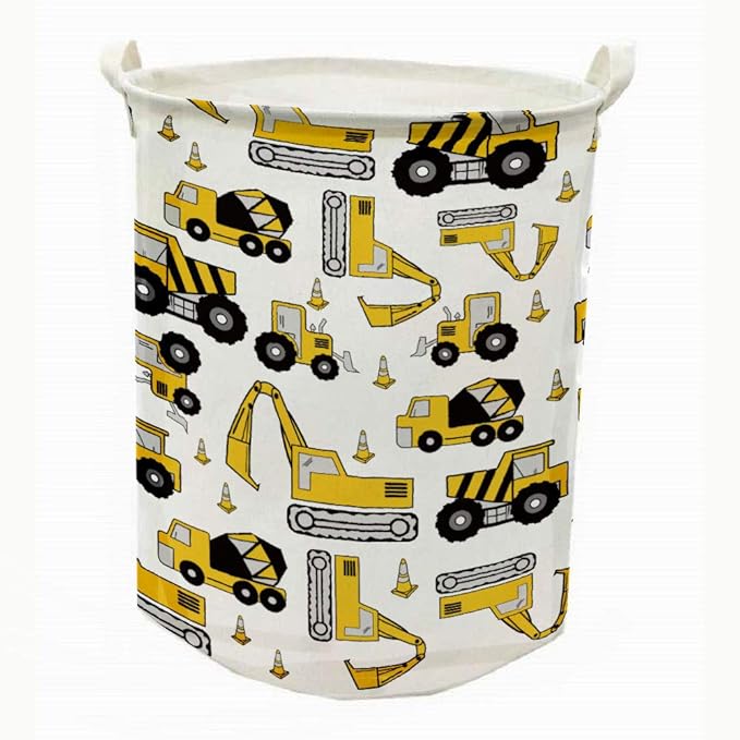 Runtoo 19.7" Large Sized Laundry Hamper Waterproof Foldable Canvas Construction Transports Theme Bucket Clothing Laundry Basket with Handles for Storage Bins Kids Room Home Organizer Nursery Storage