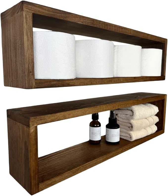 Set of 2 Floating Rectangle Shelves | Easy Mounting | Toilet Paper Holder | Bathroom Storage | Kitchen Spice Rack (White)