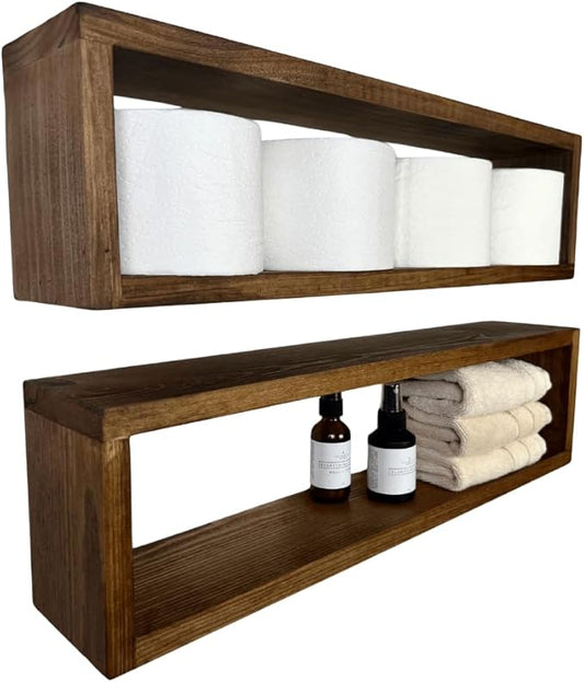 Set of 2 Floating Rectangle Shelves | Easy Mounting | Toilet Paper Holder | Bathroom Storage | Kitchen Spice Rack (Black)