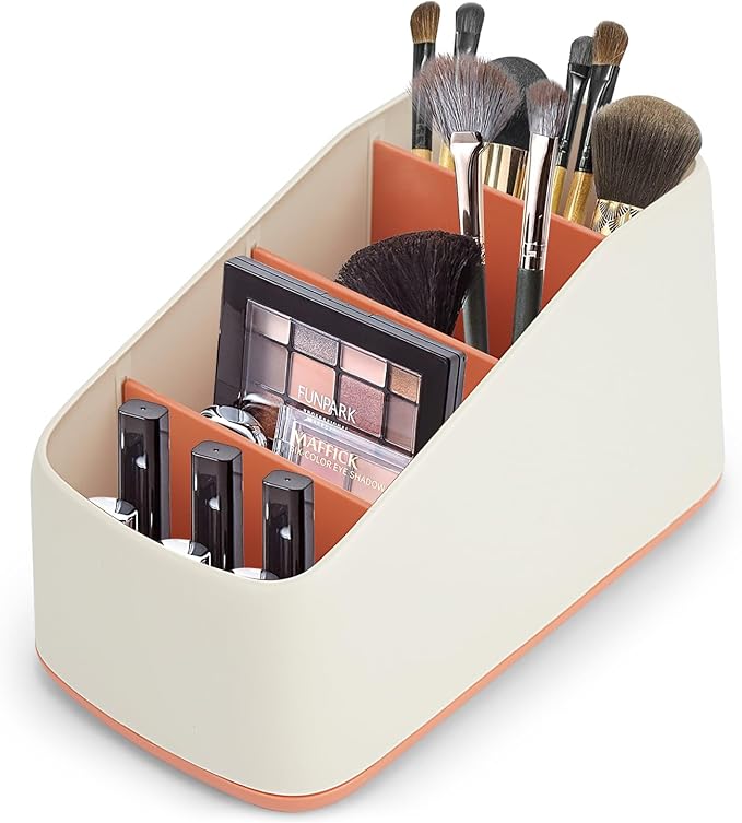 Makeup Brush Holder Organizer for Vanity,4 Compartments Make up Brushes Storage for Cosmetics, Nail Polish,Eyebrow Pencils???Bathroom Desktop Organizer???Red???