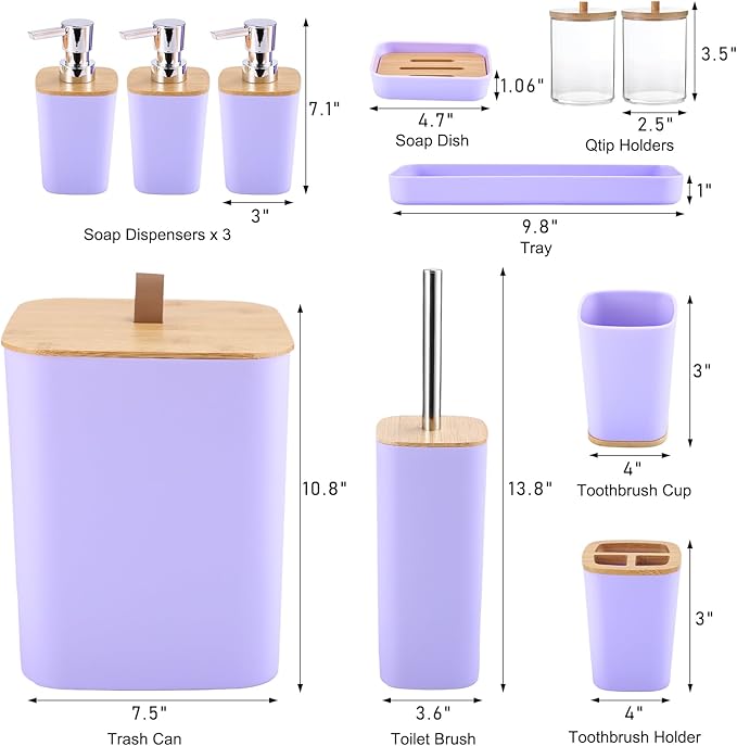 XLHOMO Purple Bathroom Accessories, Bathroom Accessories Set with Trash Can, Soap Dispenser, Toothbrush Holder, Toothbrush Cup, Soap Dish, Toilet Brush, Tray and Q-tip Holders for Housewarming