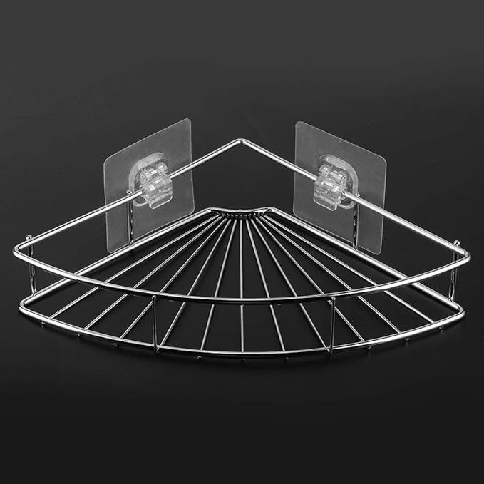Punch Stainless Steel Triangular Storage Shelf, Corner Bathroom Shelf Rack Organizer with Adhesive, Hollow Ventilated Design for Bathroom Kitchen Dormitory, Strong Viscosity
