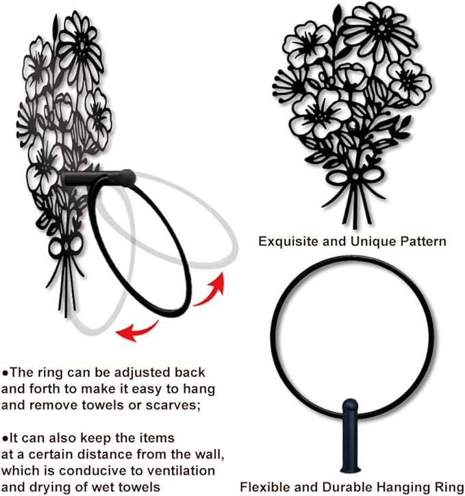 MAYJOYDIY Bouquets Metal Towel Ring Daisy Flowers Hand Towel Holder Round French Floral Towel Hangers Black Bathroom Towel Rack Wall Mounted for Kitchen Bath Home Laundry Room Decors Gifts