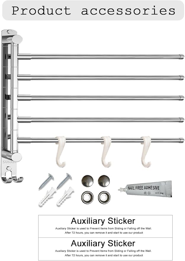 Swivel Towel Rack with Reinforced T-Joint, Thickened SUS304 Steel Rustproof Wall Mount，Towel Racks for Bathroom Wall Mounted，Suitable for Kitchen Towel Holder, Outdoor Towel Rack (5-Arms)