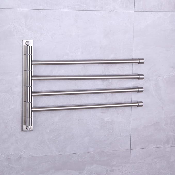 Swivel Towel Bar 4-Arm Bathroom Towel Holder Wall-Mounted Swing Out Towel Rack with Hooks Rustproof Brushed Finish