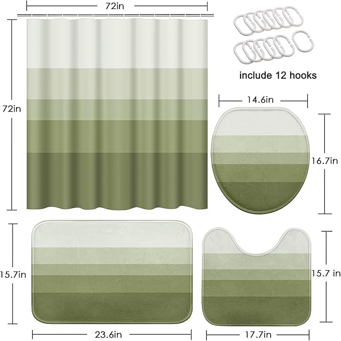 Striped Green Shower Curtain Set with Toilet Lid Cover and Non-Slip Rugs for Bathroom, Minimalist Neutral Ombre 4 Pcs Shower Curtain, Modern Bathroom Set with 12 Hooks