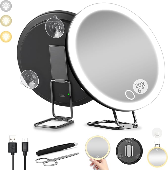 6" 20x Magnifying Mirror with Light Suction Cup,Led Close up Makeup Mirror for Tweezing with 360° Stand,3 Color Lighted Personal 20x Mirrors,20 Times Concave Zoom for Closer Partial Details