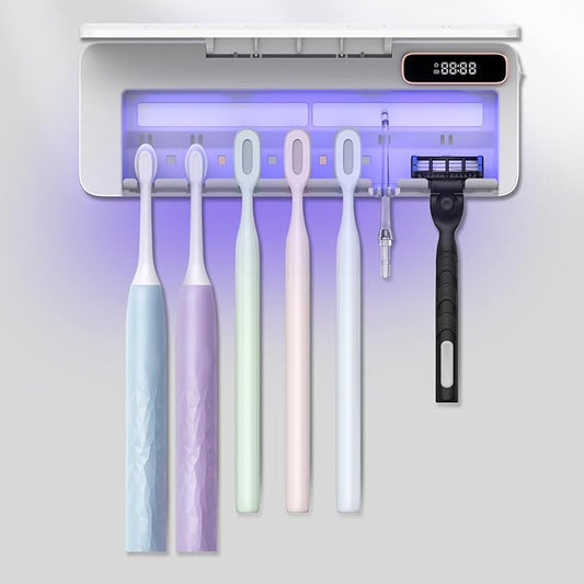 UV Toothbrush Cleaner Holder, Temracha Toothbrush Holders for Bathrooms, 5+1+1 Slots Tooth Brush Shaver Cleaner and Holder, Rechargeable Cordless Wall Mounted with Heating Functions, No Drilling