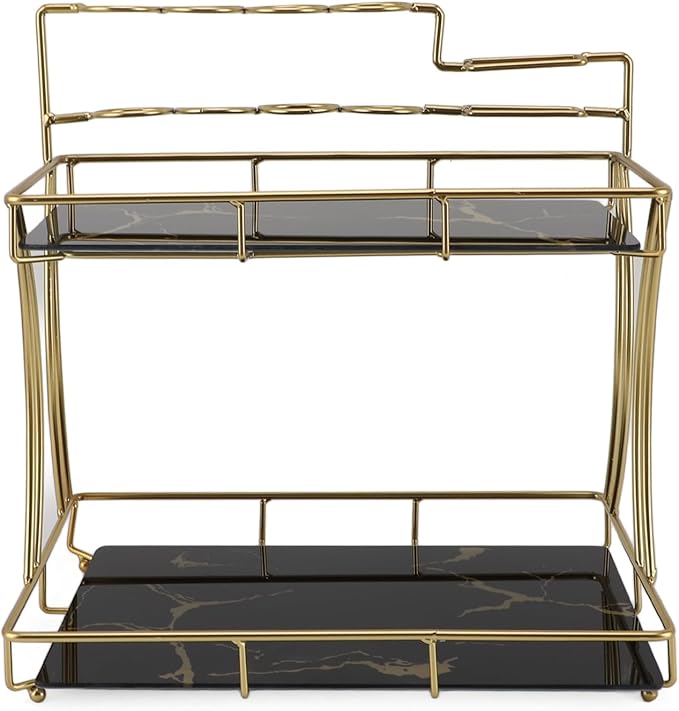 Double Layer Countertop Storage Rack, Bathroom Countertop Organizer with Electric Toothbrush Holder, Iron and Glass Counter Shelf for Toiletries and Cosmetics (Black Background Gold Grain)
