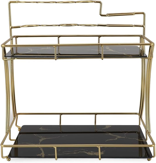 Double Layer Countertop Storage Rack, Bathroom Countertop Organizer with Electric Toothbrush Holder, Iron and Glass Counter Shelf for Toiletries and Cosmetics (Black Background Gold Grain)