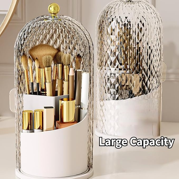 Makeup Brush Holder Organizer with 360° Rotating Lid Dustproof Makeup Brushes Organizer for Vanity Desktop Bathroom Countertop Clear Cover Easy Visibility (Black)