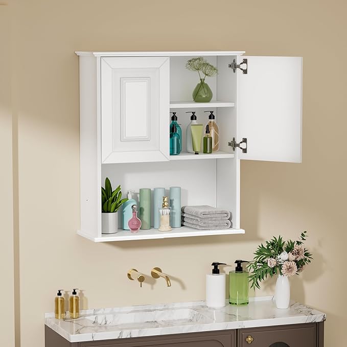 White Bathroom wall Cabinet,Over the Toilet Storage Cabinet,Bathroom and Laundry Wall Mount Storage Medicine Cabinet with Open and Adjustable Shelf,Easy Assembly (Style B-1 PC, White)